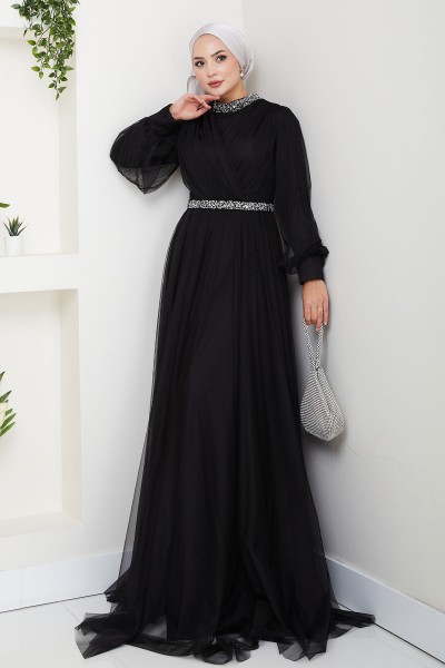 Yaka ve Bel Taş Detaylı Büyük Beden Tesettür Abiye Esna - Siyah